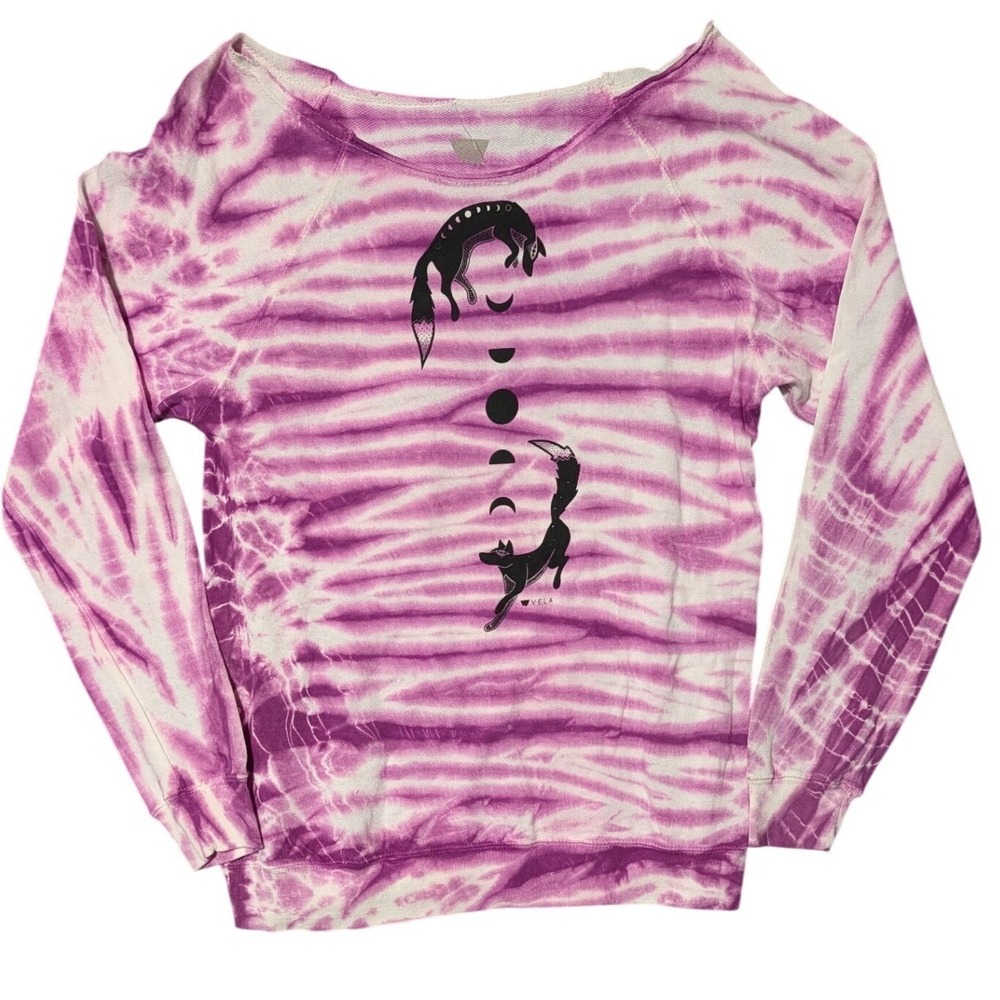 Vela Apparel Womens Purple Tie Dye Fox Moon Phases Sweatshirt Large L Cotton Raw